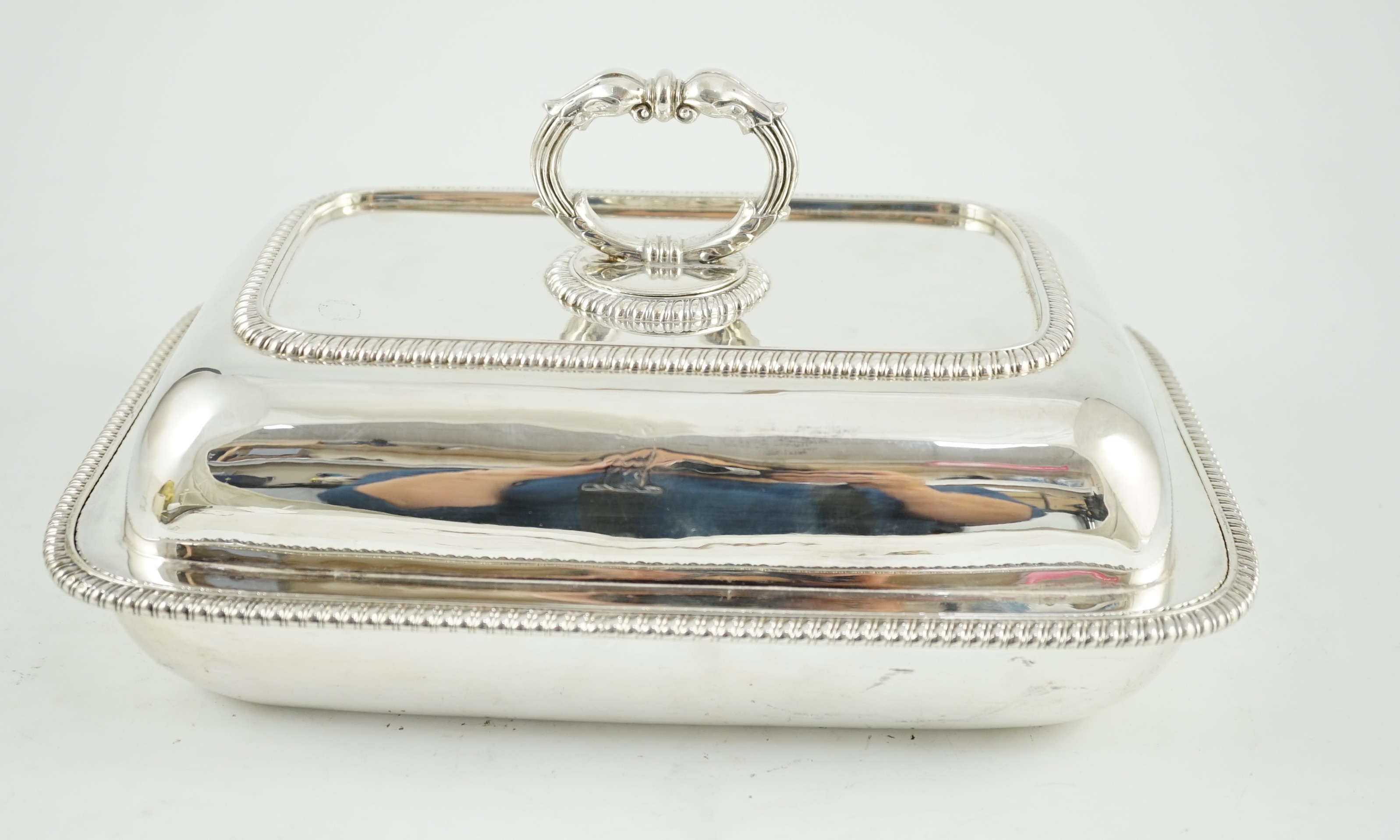 A George III silver shaped rectangular tureen, cover and handle